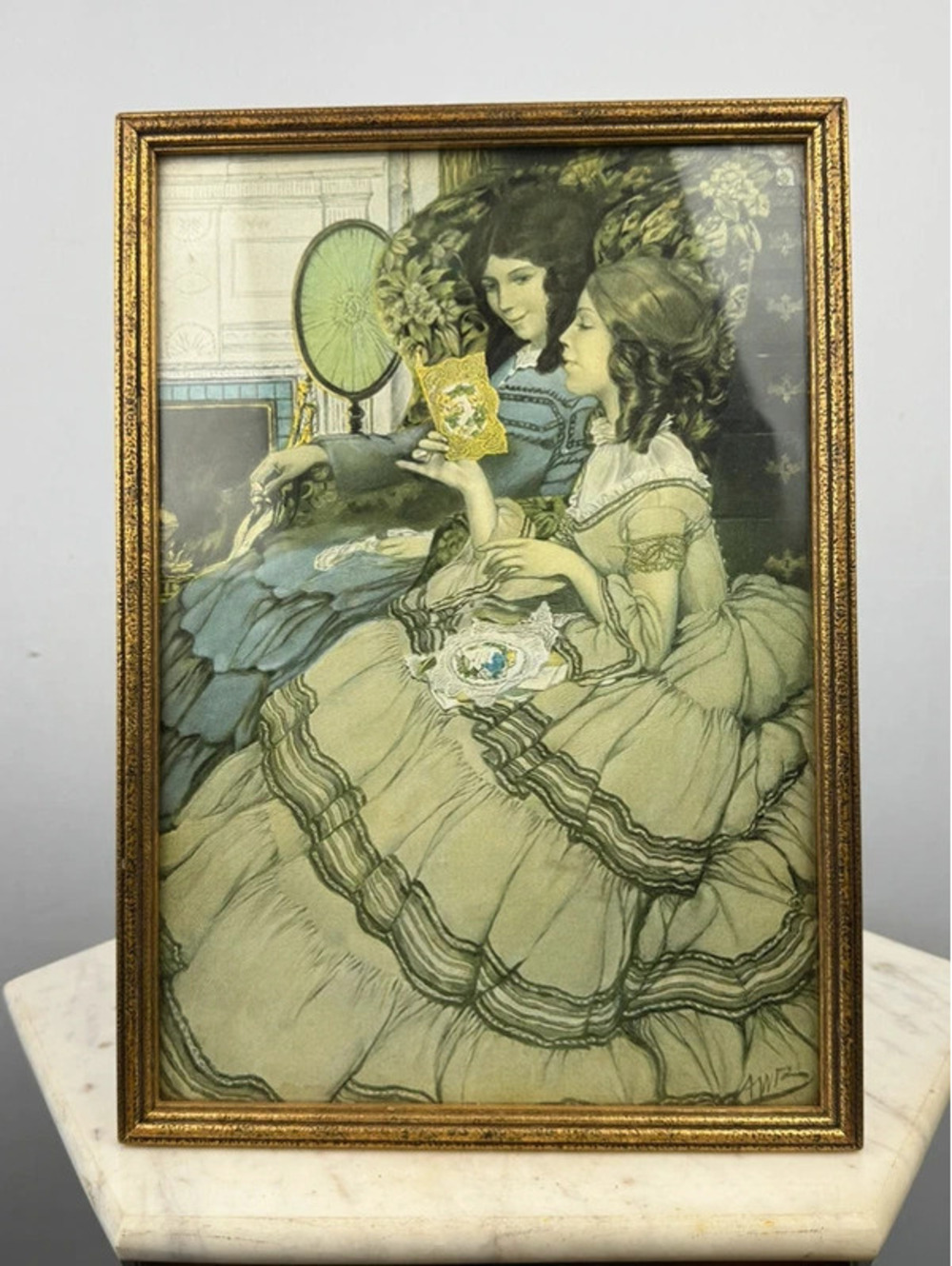 Vintage Framed Victorian Ladies Illustration Print Gilt Gold Frame